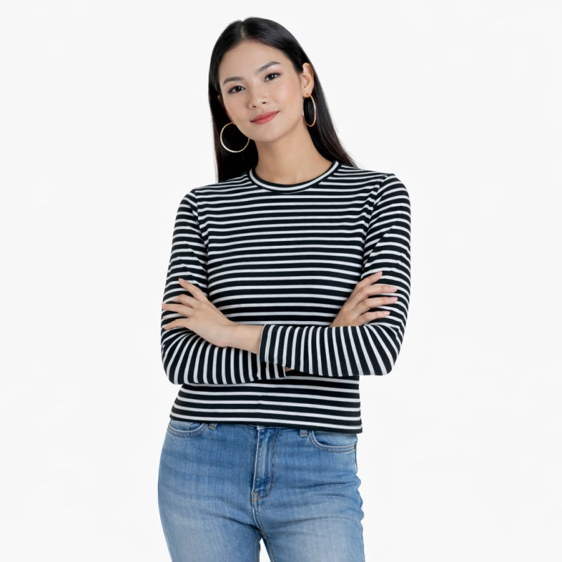 Atasan Wanita Lengan Panjang Salur Hitam Kecil Casual Basic