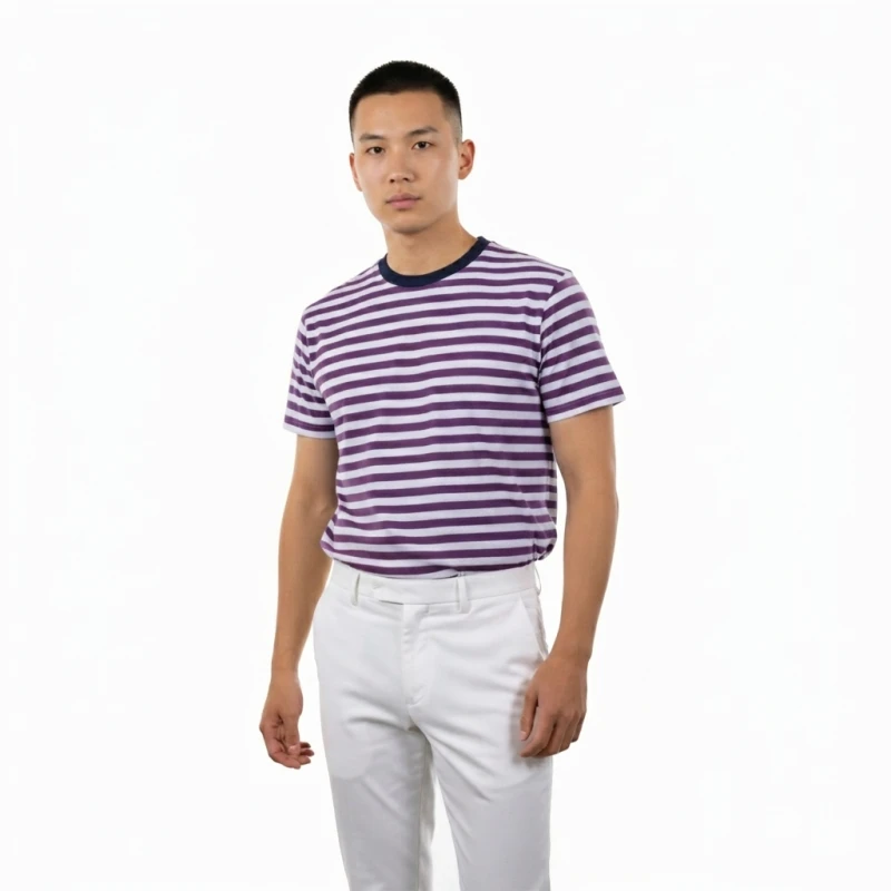 Kaos Pria Salur Putih Anggur Lengan Pendek