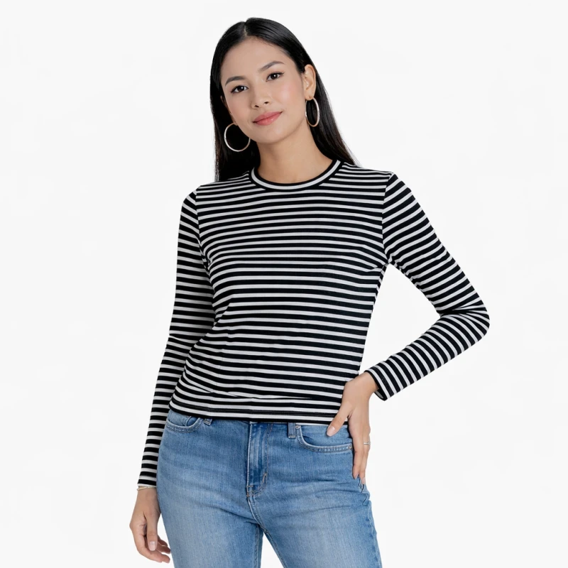 Atasan Wanita Lengan Panjang Salur Hitam Kecil Casual Basic