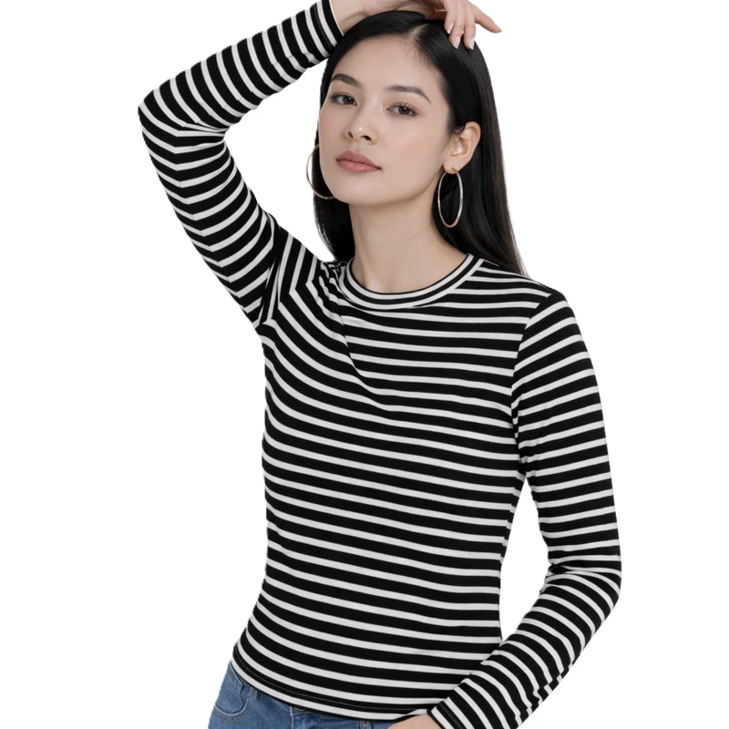 Atasan Wanita Lengan Panjang Salur Hitam Sedang Casual Basic