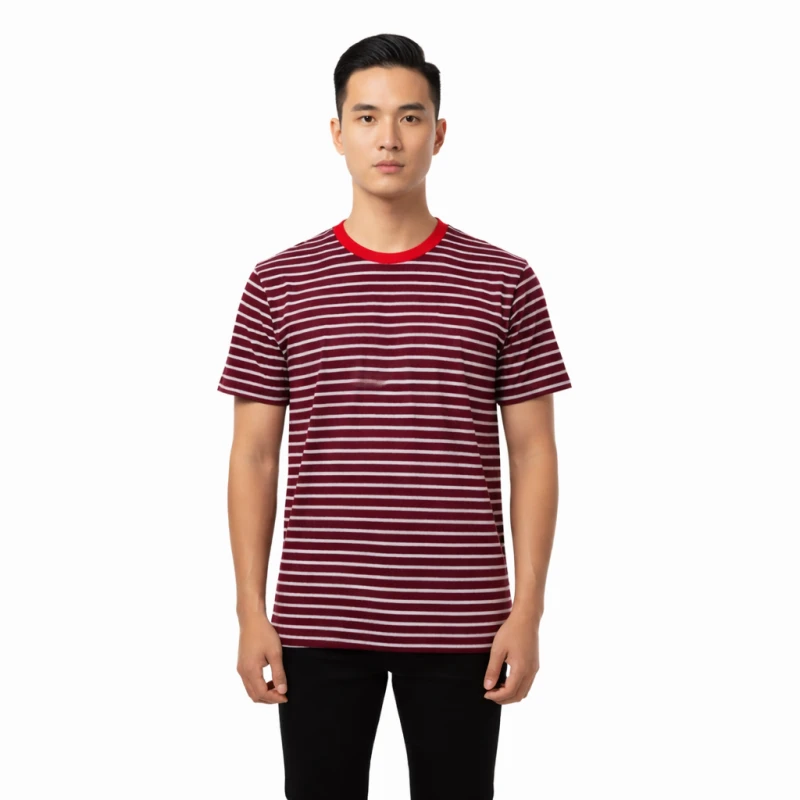 Kaos Pria Salur Maroon Lengan Pendek Casual