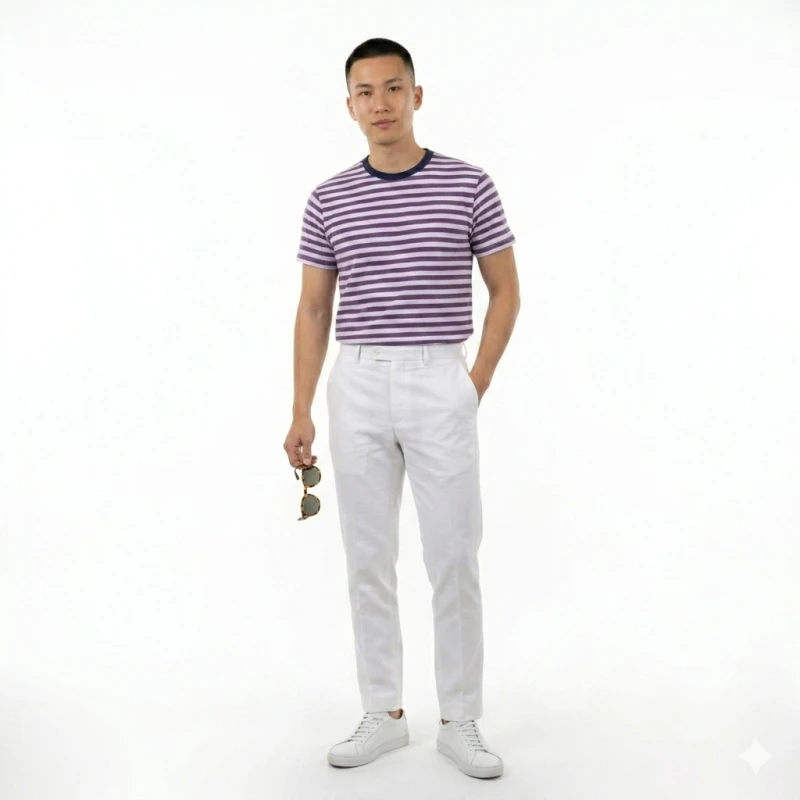 Kaos Pria Salur Putih Anggur Lengan Pendek