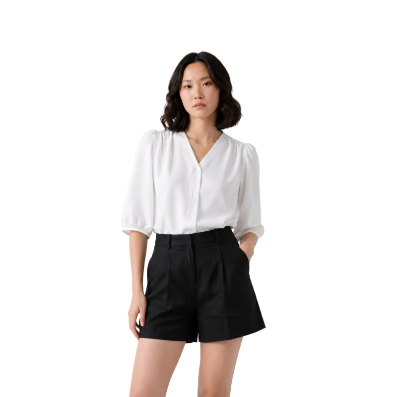 Blouse Wanita V-Neck Lengan Balon Putih