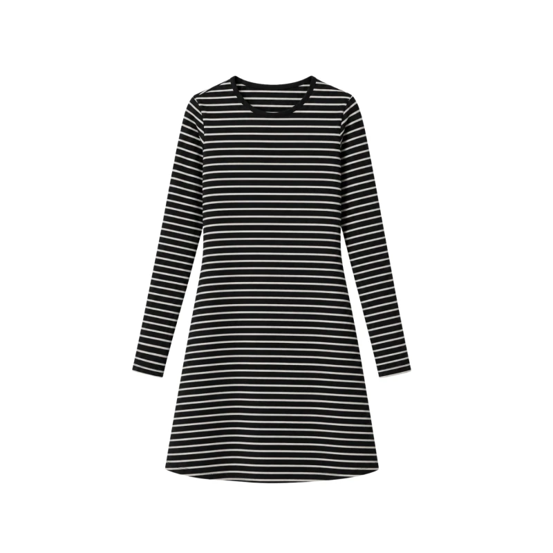 Dress Wanita Salur Hitam Sedang Lengan Panjang Basic