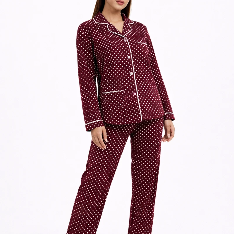 Piyama Lengan Panjang Maroon Motif Polkadot