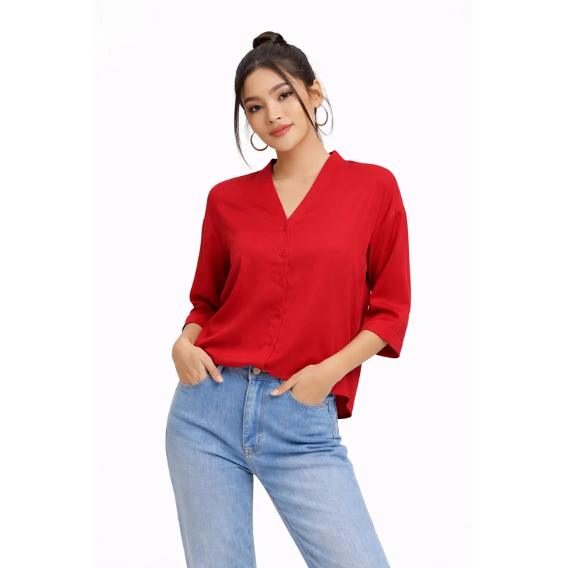 Blouse Wanita V-Neck Lengan Basic Maroon