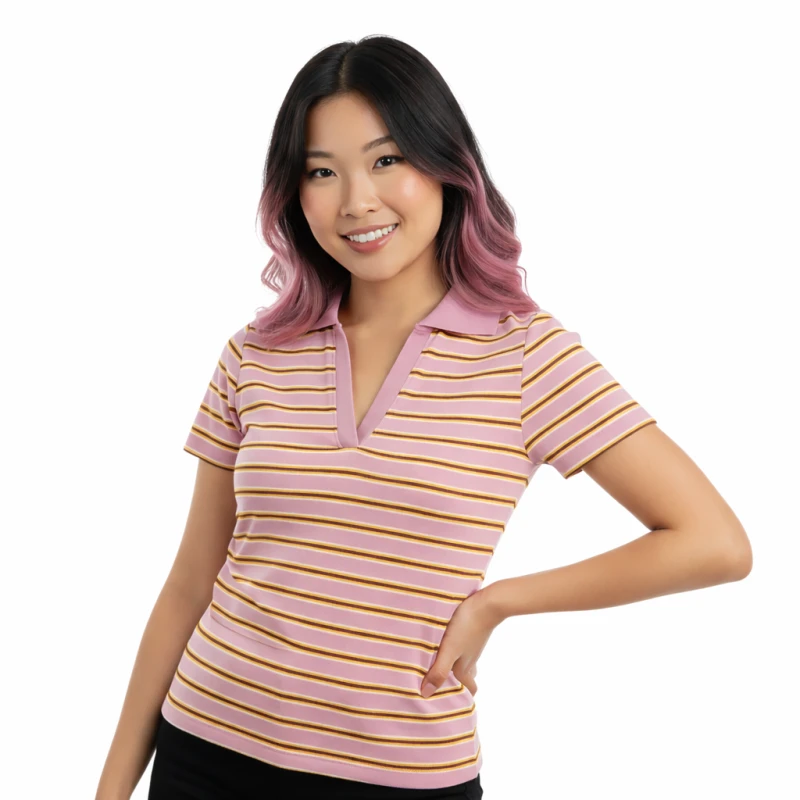 Polo Wanita V-Neck Pink Salur