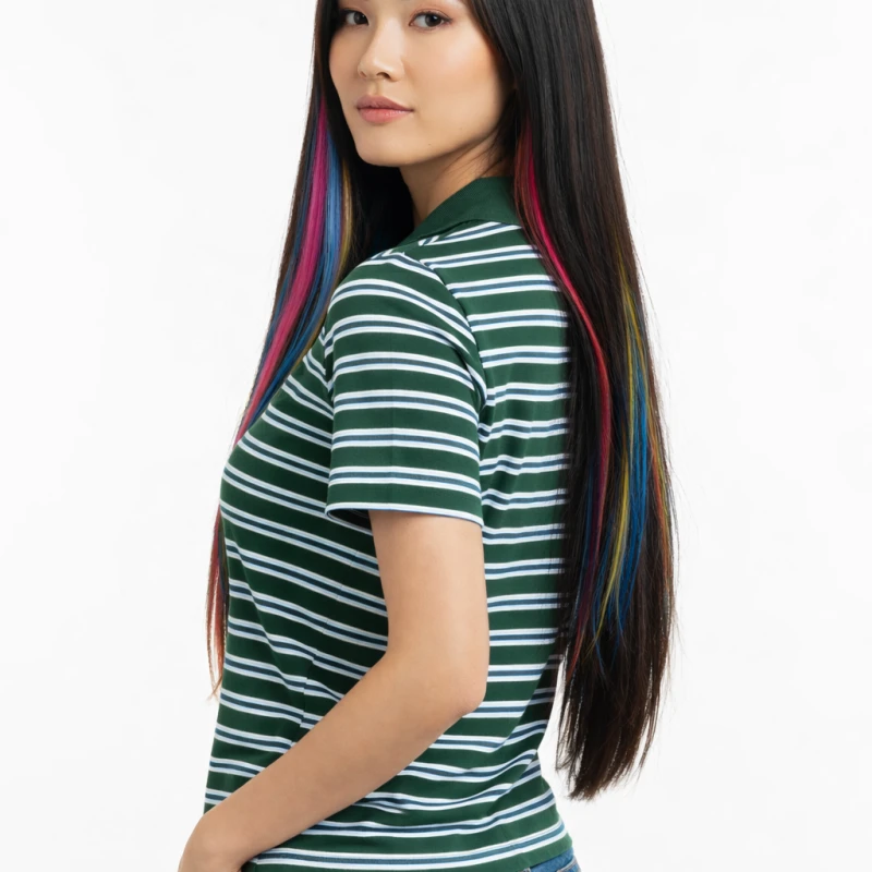 Polo Wanita V-Neck Hijau Salur