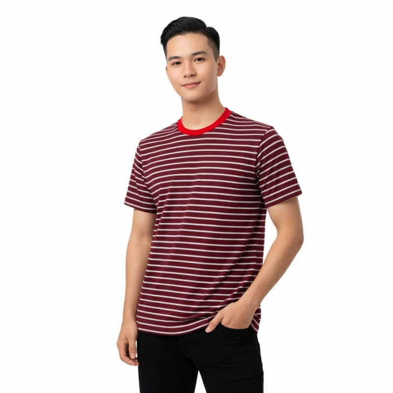 Kaos Pria Salur Maroon Lengan Pendek Casual