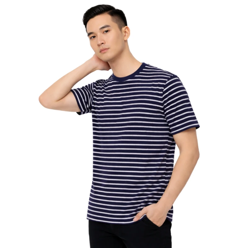 Kaos Pria Salur Navy Lengan Pendek Casual