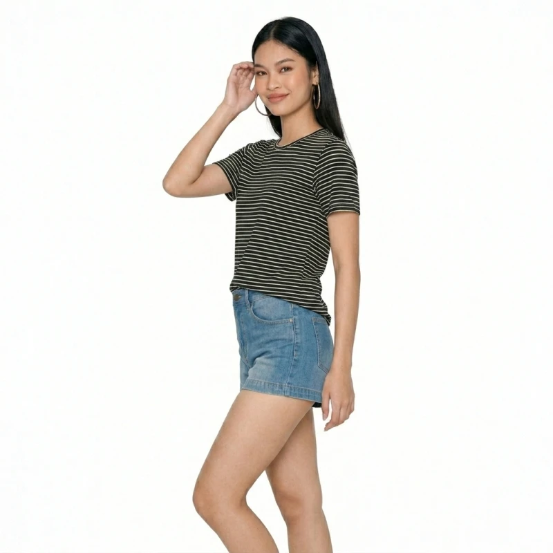 Kaos Wanita Motif Salur Kecil O-Neck