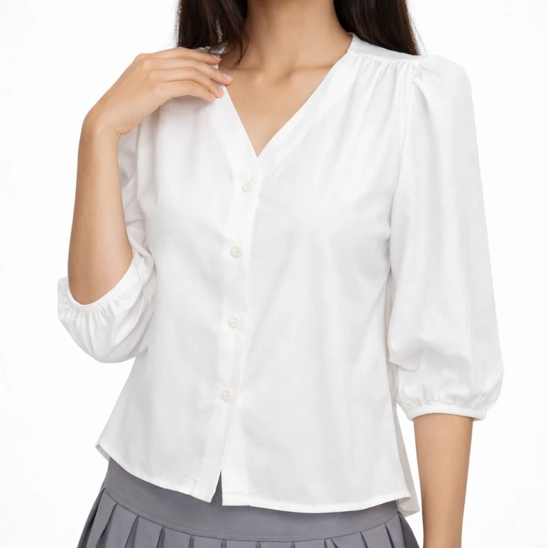 Blouse Wanita V-Neck Lengan Balon Putih