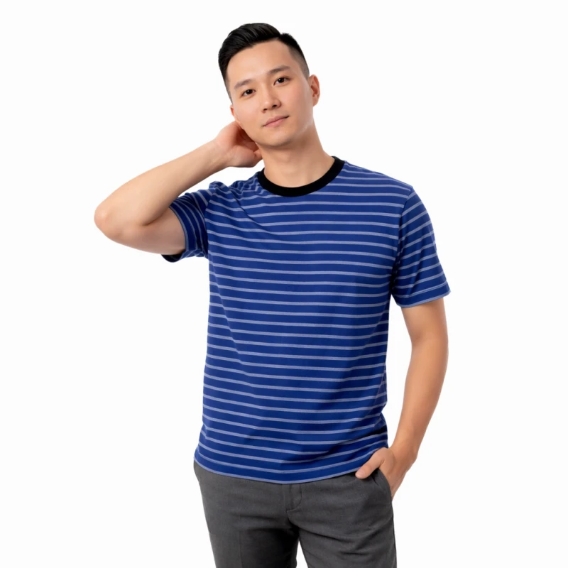 Kaos Pria Salur Biru Lengan Pendek Casual