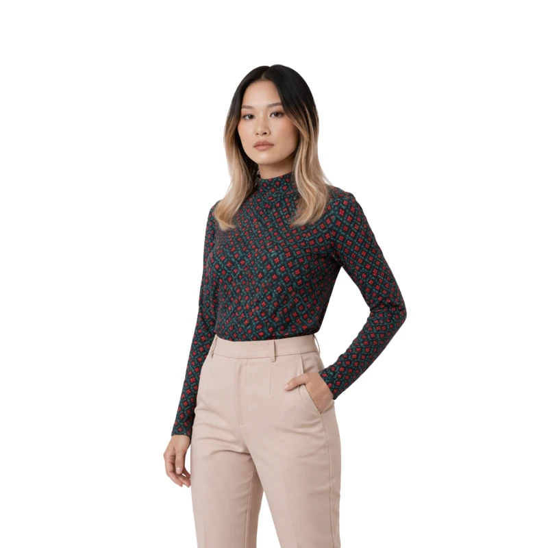 Mockneck Wanita Bunga Merah Elegant Look