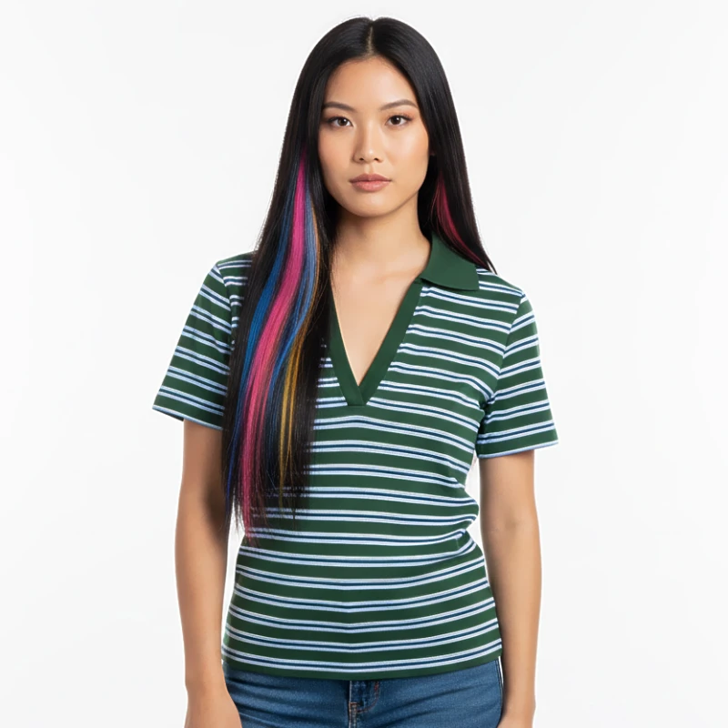 Polo Wanita V-Neck Hijau Salur