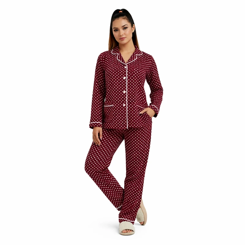 Piyama Lengan Panjang Maroon Motif Polkadot