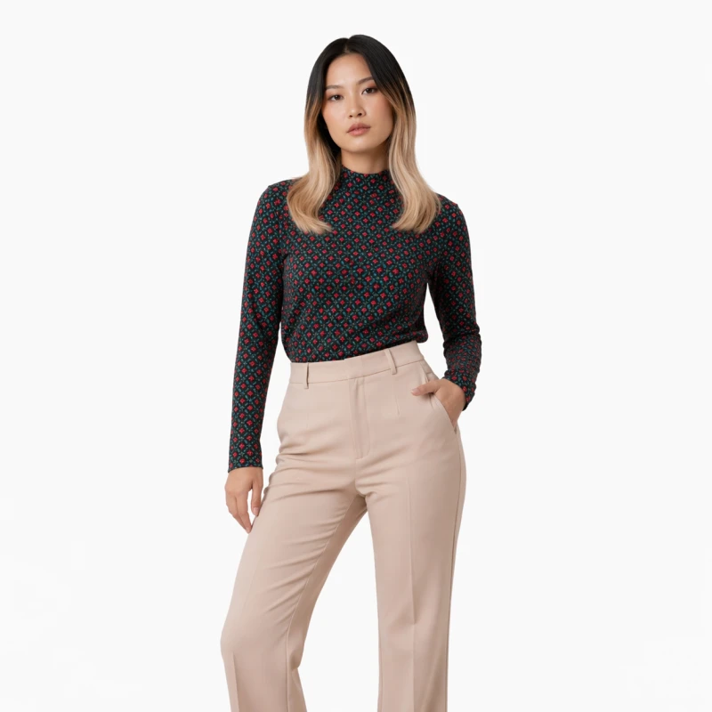 Mockneck Wanita Bunga Merah Elegant Look