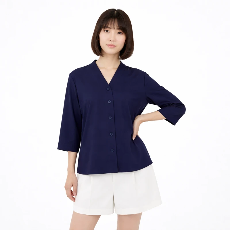 Blouse Wanita V-Neck Lengan Basic Navy