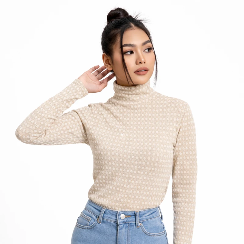 Mockneck Wanita Bunga Putih Elegant Basic