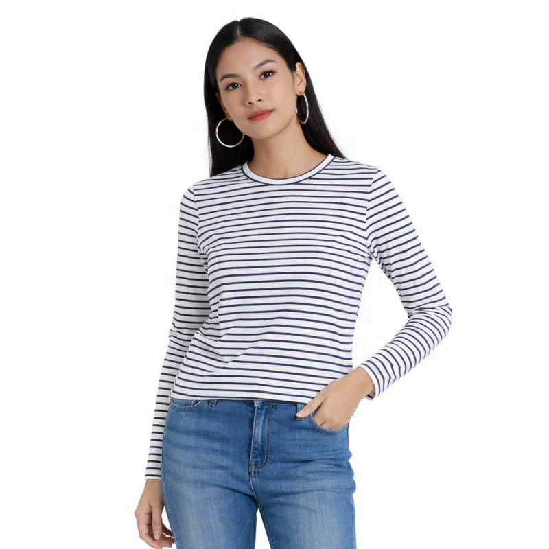 Atasan Wanita Lengan Panjang Salur Putih Kecil Casual Basic