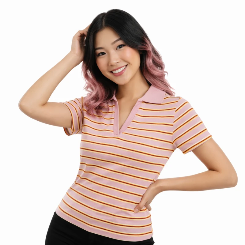 Polo Wanita V-Neck Pink Salur