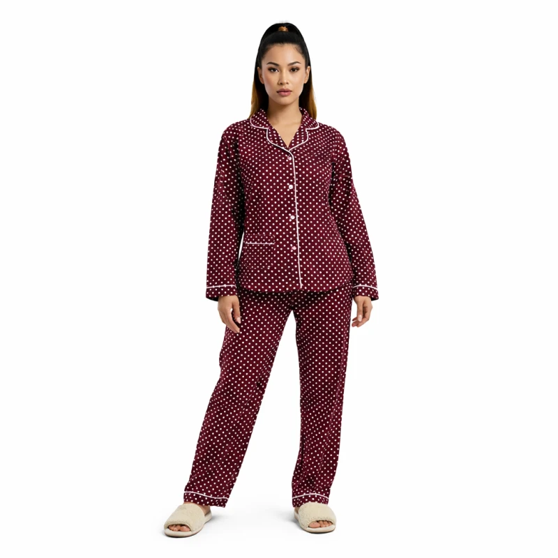 Piyama Lengan Panjang Maroon Motif Polkadot
