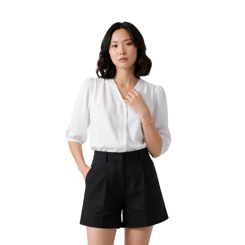 Blouse Wanita V-Neck Lengan Balon Putih