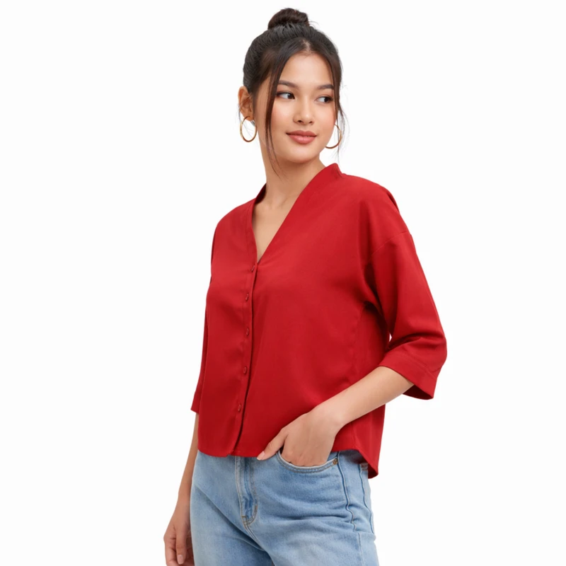 Blouse Wanita V-Neck Lengan Basic Maroon