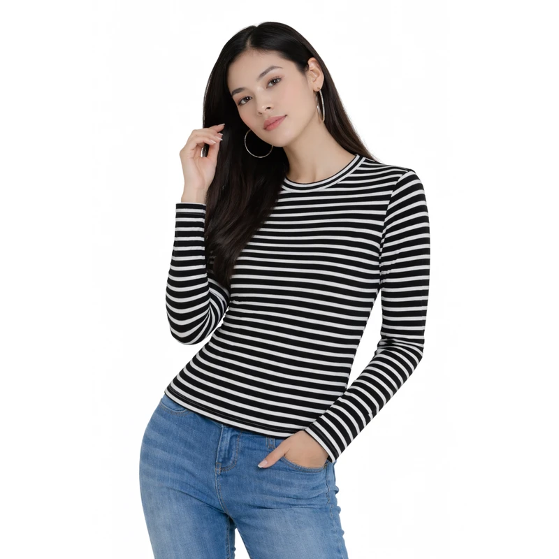 Atasan Wanita Lengan Panjang Salur Hitam Sedang Casual Basic
