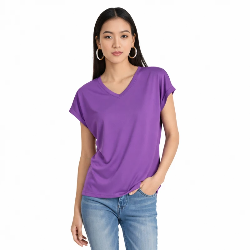 Kaos Wanita Basic V-Neck Warna Ungu